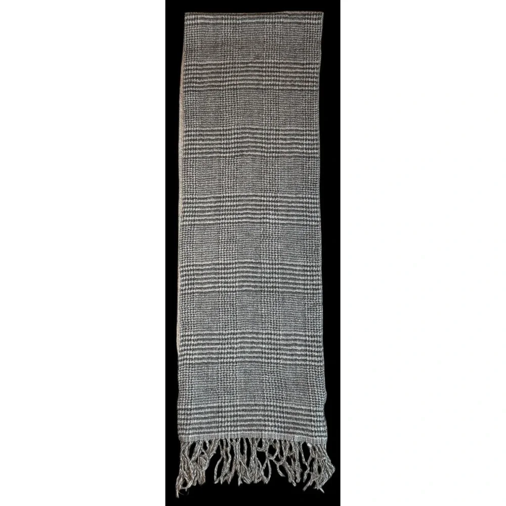 Polo Ralph Lauren Virgin Wool/Cashmere Black Gray Plaid Fringe Scarf Italy 11x70